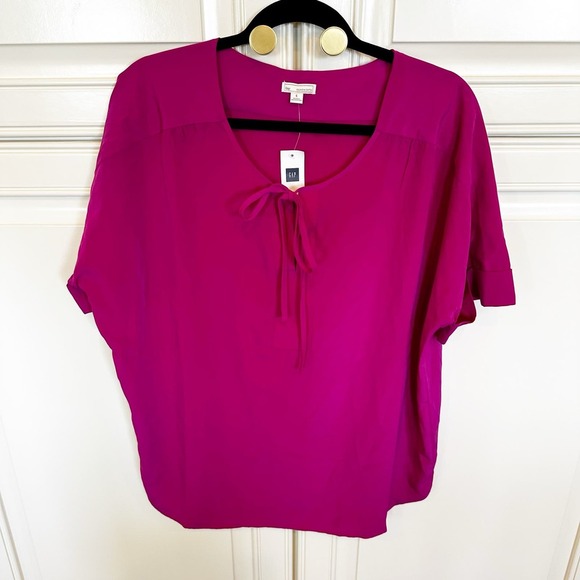GAP Women’s NWT Fuschia Pink Short Sleeve Oversized Tie Front Blouse - Picture 1 of 8